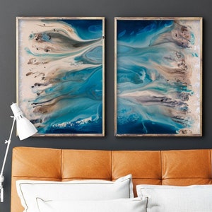 Coastal Wall Art Set, Blue Abstract Art, Blue Wall Art, Beach Landscape, Pair of Large Prints, Extra Large Wall Art, Modern Home Decor image 3