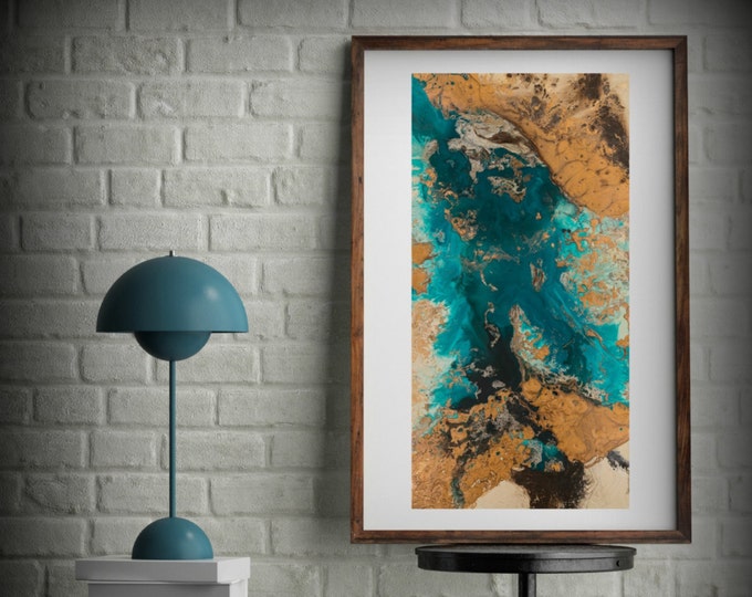 Teal and Copper Abstract Art, Large Abstract Print, Neutral Colors Vertical Painting, Kitchen & Bathroom Canvas Wall Art by L Dawning Scott