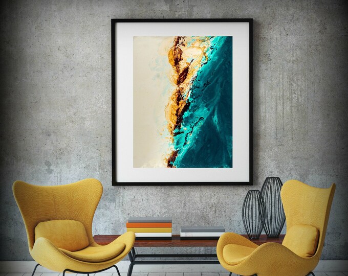 Large ABSTRACT Print of Painting, Blue Painting Print, Giclee Print, Coastal Painting, Teal and Copper Wall Decor Gift for Women