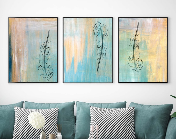 Gold Watercolor Feathers prints, living room decor, above sofa, set of 3 prints, turquoise blue, wall prints, wall art, home decor