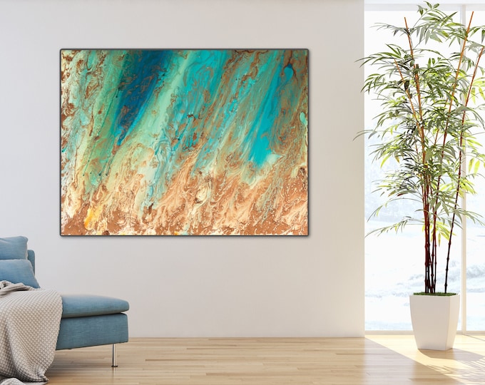 Large Wall Art Abstract Giclee Print Turquoise Painting Blue and Copper Coastal Print, Office Painting Contemporary Art Living Room Wall Art