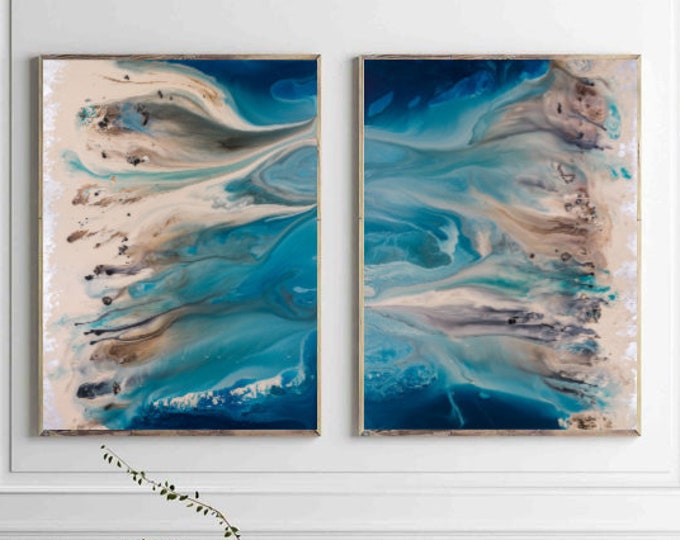 Coastal Wall Art Set, Blue Abstract Art, Blue Wall Art, Beach Landscape, Pair of Large Prints, Extra Large Wall Art, Modern Home Decor