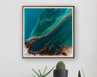 Abstract Painting Featuring Teal, Brown, Blue and Aqua, Contemporary Wall Art, Teal Decor Abstract Art, Square Print, Coastal Decor