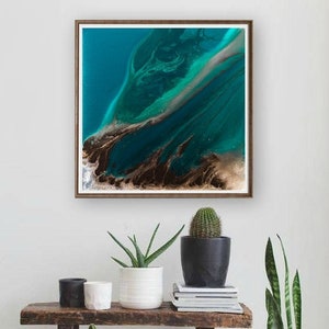 Abstract Painting Featuring Teal, Brown, Blue and Aqua, Contemporary Wall Art, Teal Decor Abstract Art, Square Print, Coastal Decor image 1