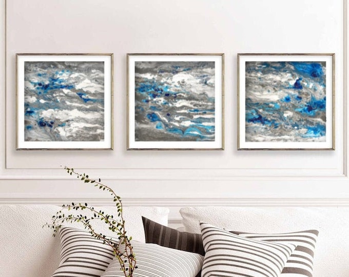 Large Abstract Painting Print, Set of 3 Navy Blue Prints,  Gray Blue and White Art Print, Abstract Art, Blue Wall Decor, Abstract Artwork