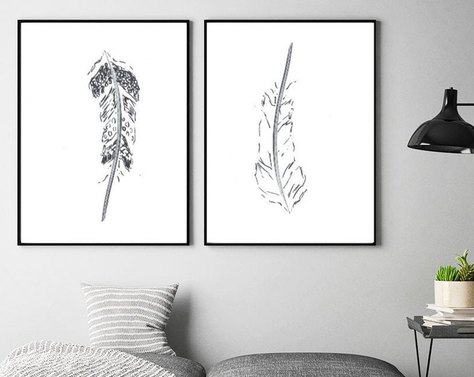 Feather line art, Set of 2 prints, Abstract botanical decor, Minimalist wall art, Modern room decor, Boho wall art, Black and white Drawing