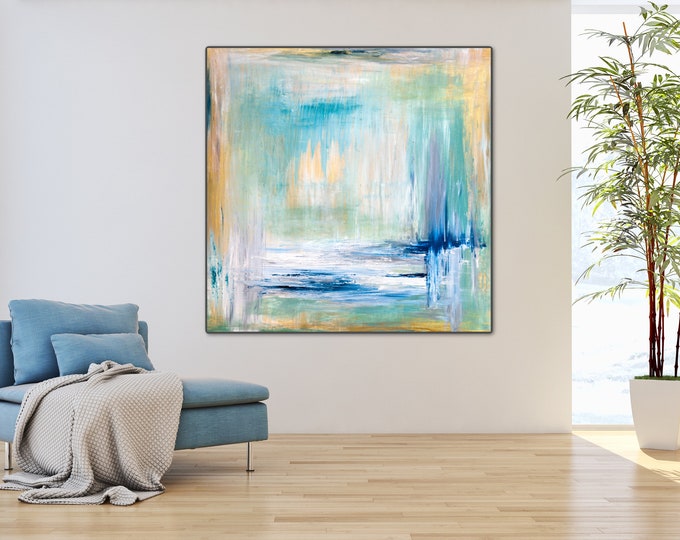 Large Wall Art Print, Large Abstract Painting, Watercolor Painting, Gold Painting Blue Abstract Art Living room Decor Blue and gold painting