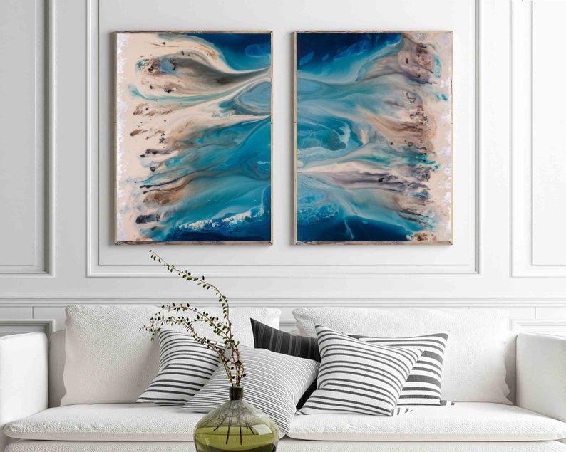 Coastal Wall Art Set, Blue Abstract Art, Blue Wall Art, Beach Landscape, Pair of Large Prints, Extra Large Wall Art, Modern Home Decor image 1