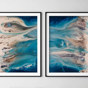 Coastal Wall Art Set, Blue Abstract Art, Blue Wall Art, Beach Landscape, Pair of Large Prints, Extra Large Wall Art, Modern Home Decor image 2