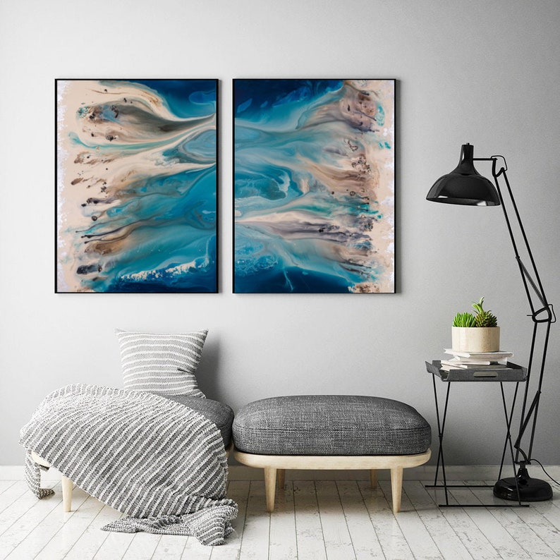 Coastal Wall Art Set Blue Abstract Art Blue Wall Art Beach Etsy