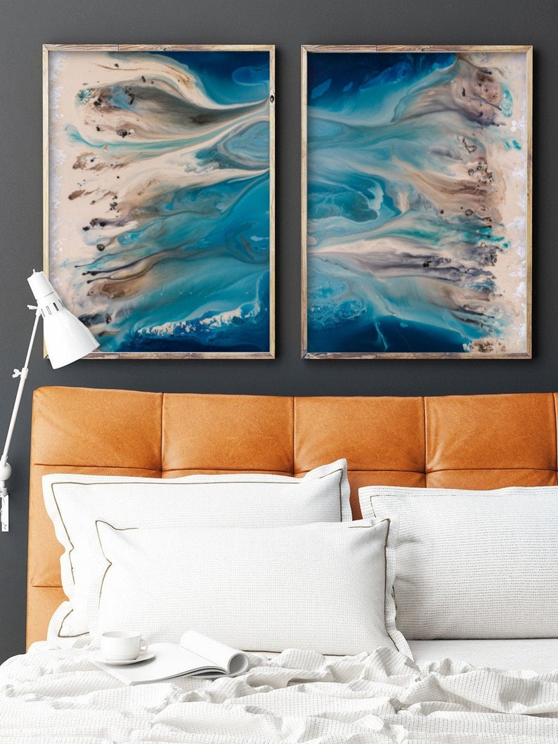 Coastal Wall Art Set, Blue Abstract Art, Blue Wall Art, Beach Landscape, Pair of Large Prints, Extra Large Wall Art, Modern Home Decor image 3