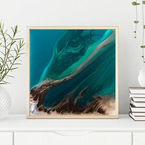 Abstract Painting Featuring Teal, Brown, Blue and Aqua, Contemporary Wall Art, Teal Decor Abstract Art, Square Print, Coastal Decor image 6