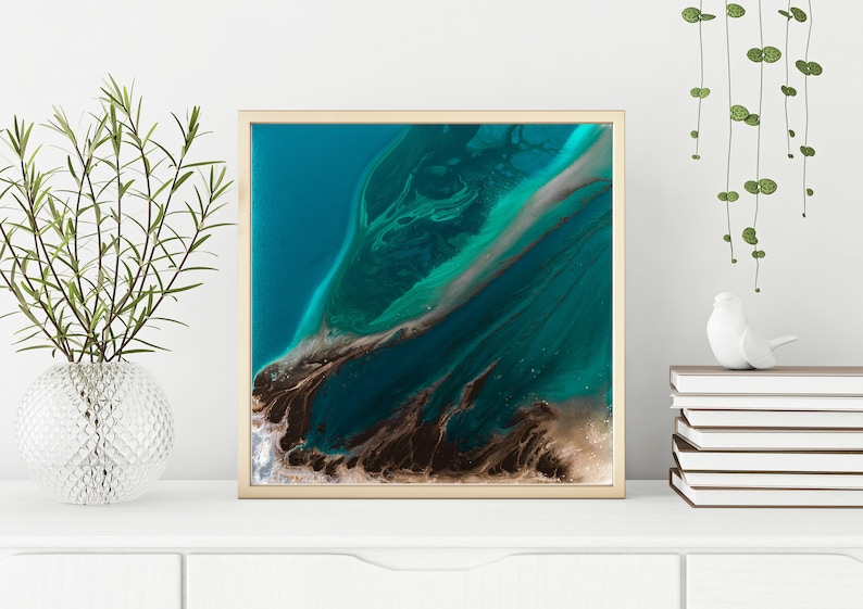 Abstract Painting Featuring Teal, Brown, Blue and Aqua, Contemporary Wall Art, Teal Decor Abstract Art, Square Print, Coastal Decor image 6