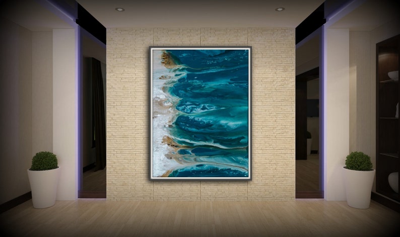 Abstract Art Blue Wall Art Coastal Landscape Giclee Large PRINT on Canvas Large Gift for Friend Modern Home Decor Wall Art Painting image 2