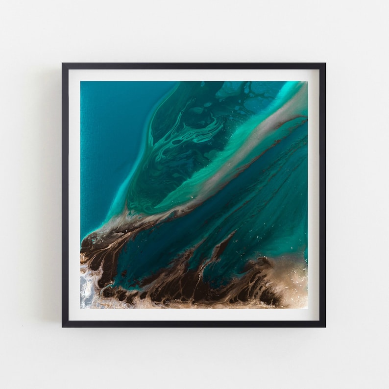 Abstract Painting Featuring Teal, Brown, Blue and Aqua, Contemporary Wall Art, Teal Decor Abstract Art, Square Print, Coastal Decor image 5