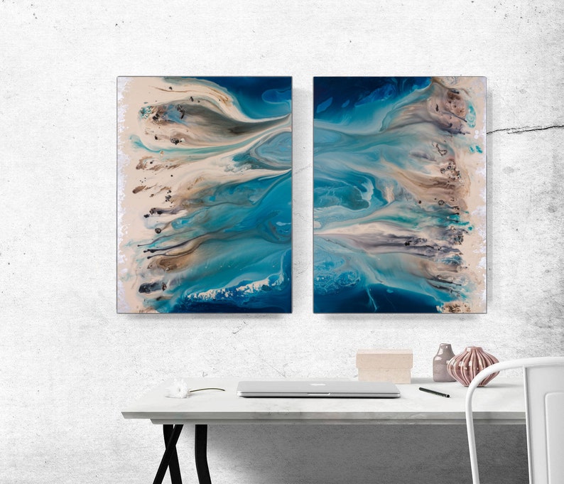 Coastal Wall Art Set, Blue Abstract Art, Blue Wall Art, Beach Landscape, Pair of Large Prints, Extra Large Wall Art, Modern Home Decor image 6