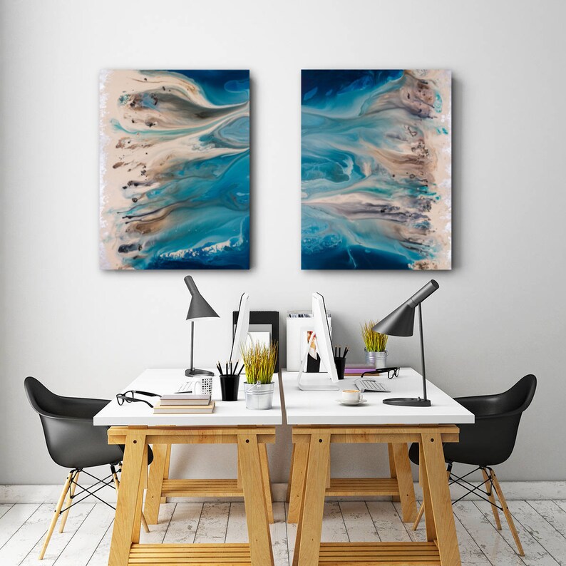 Coastal Wall Art Set, Blue Abstract Art, Blue Wall Art, Beach Landscape, Pair of Large Prints, Extra Large Wall Art, Modern Home Decor image 5