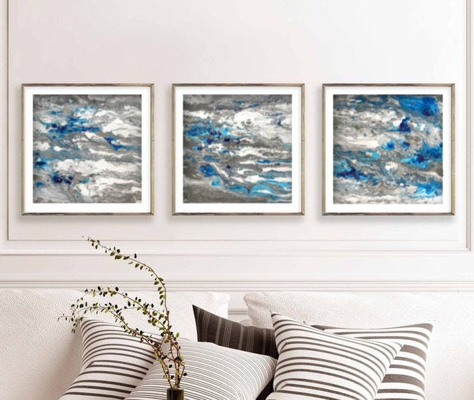 Set of 3 Abstract Navy Blue and Gold Wall Art Prints – Artze Wall Art