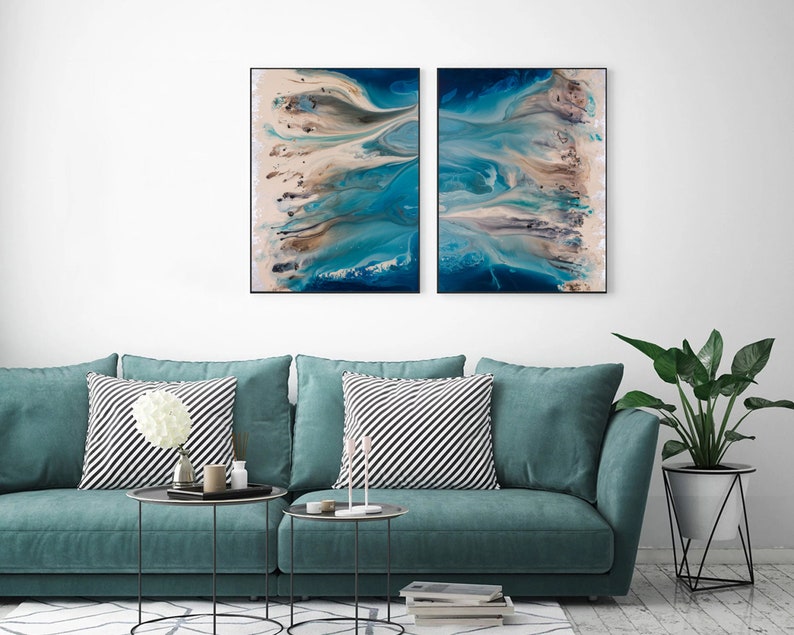 Coastal Wall Art Set, Blue Abstract Art, Blue Wall Art, Beach Landscape, Pair of Large Prints, Extra Large Wall Art, Modern Home Decor image 4