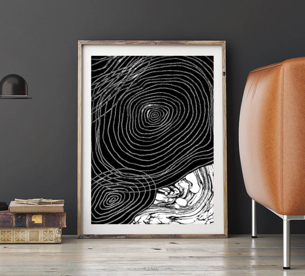 Mid Century Modern Abstract Spiral Art - Black and White Art Print