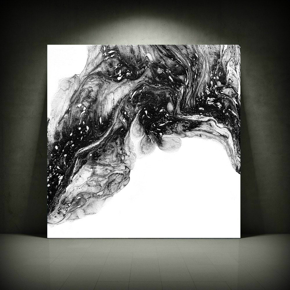 Abstract Black and White Acrylic Paint Pour on Canvas Painting 