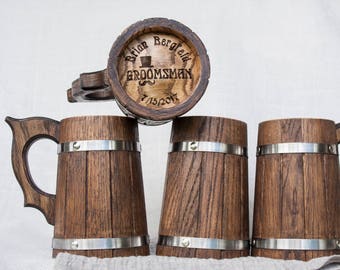 Set of 4 Groomsman Wooden Beer Mugs, Personalized Wedding Beer Mugs, Custom Oak Beer Mugs, Groomsman Beer Mugs, Personalized Beer Mugs 23 oz