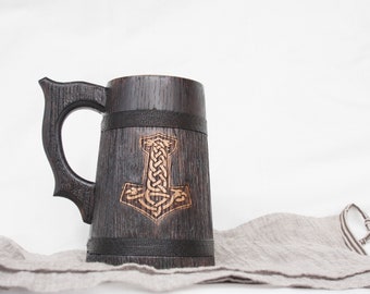 Thor Hammer Personalized Mug, Mjolnir Viking Beer Mug, Wooden Wedding Beer Gift, Wood Beer Mug for Dad, Oak Tankard for Husband, Wedding Mug