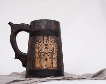 The Doors of Durin Wooden Beer Mug, The West-door of Moria Oak Beer Tankard, Personalized Wood Beer Mug, Beer Gift for Husband, Rustic Mug