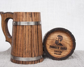 Set of 2 Personalized Wooden Beer Mugs, Oak Beer Tankards, Groomsman Oak Beer Mugs, Best Man Wood Beer Tankard, Anniversary Wooden Mug 23 oz