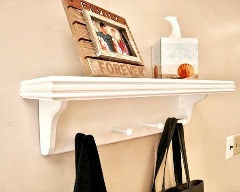 White wall shelf with pegs Entryway rack Coat rack Etsy