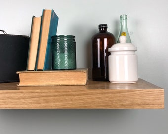 Oak floating shelf | Stained Oak bathroom shelves | White Oak shelf | Open shelving | Kitchen floating shelf | Sturdy rod brackets