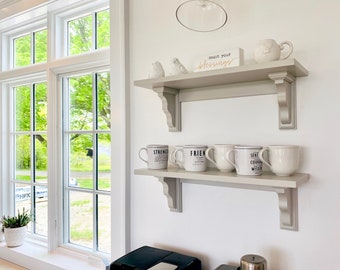 Farmhouse kitchen shelf | with wide brackets | Open shelving | Farmhouse Shelves | with chunky wood corbels | With Back Support