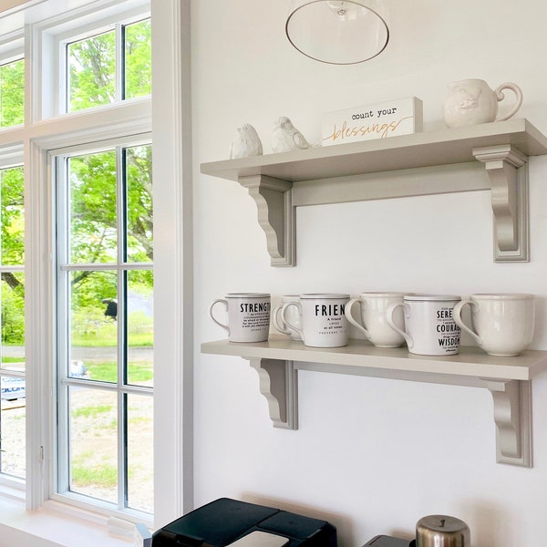 Farmhouse kitchen shelf | with wide brackets | Open shelving | Farmhouse Shelves | with chunky wood corbels | With Back Support