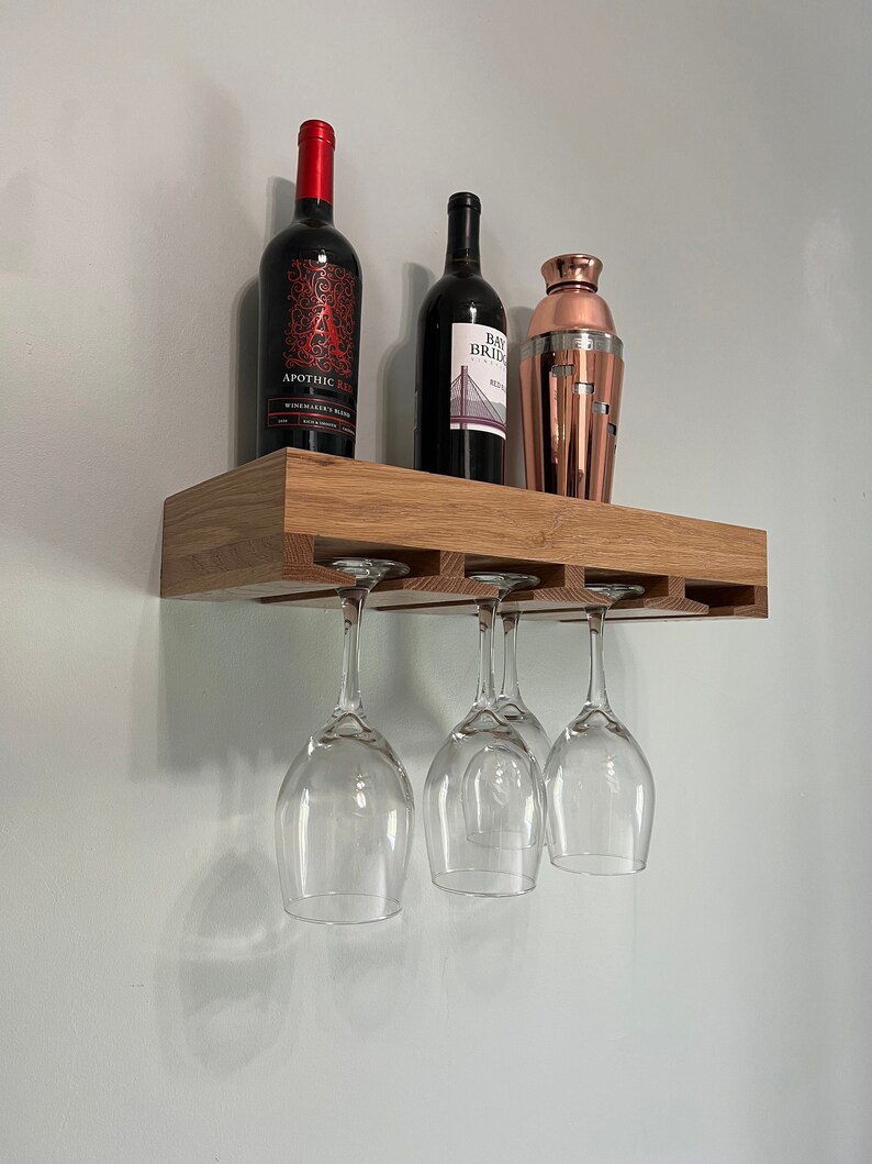 Stained Oak Floating Shelf With Wine Glass Rack Bar Area Etsy