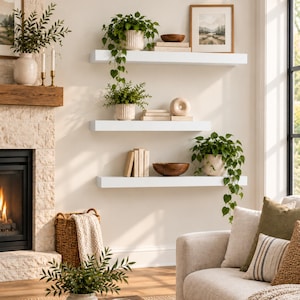 May include: Three white floating shelves mounted on a wall, displaying potted green plants, stacks of books, a wooden bowl, a small circular sculpture, and a framed landscape print, positioned near a stone fireplace and a beige sofa.