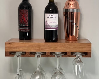 Stained Oak Floating shelf with Wine glass rack | Bar area shelf | Hanging Wine glasses