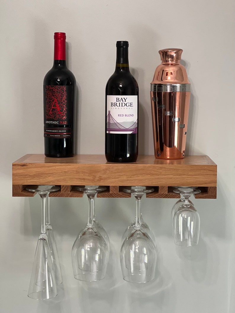 Stained Oak Floating Shelf With Wine Glass Rack Bar Area Etsy