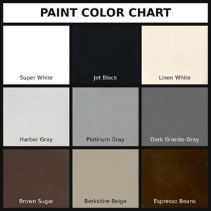 May include: A paint color chart featuring nine square swatches labeled Super White, Jet Black, Linen White, Harbor Gray, Platinum Gray, Dark Granite Gray, Brown Sugar, Berkshire Beige, and Espresso Beans arranged in a three-by-three grid.