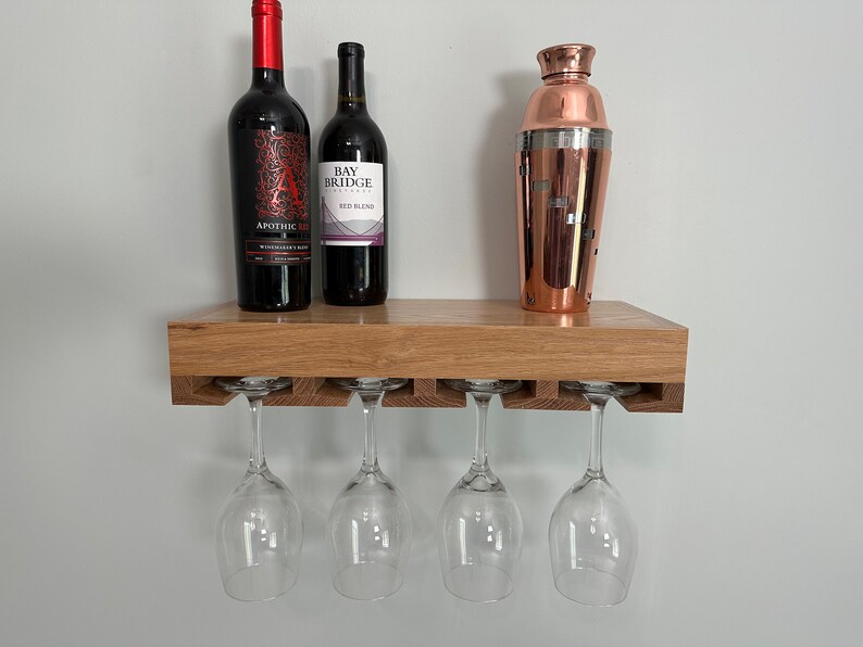 Stained Oak Floating Shelf With Wine Glass Rack Bar Area Etsy