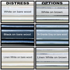 Puede incluir: Una gu&iacute;a visual para el envejecimiento de la madera con diferentes colores de pintura. Las opciones incluyen blanco sobre madera natural, blanco sobre marr&oacute;n, negro sobre madera natural, gris granito oscuro sobre madera natural, blanco lino sobre madera natural y blanco lino sobre marr&oacute;n.
