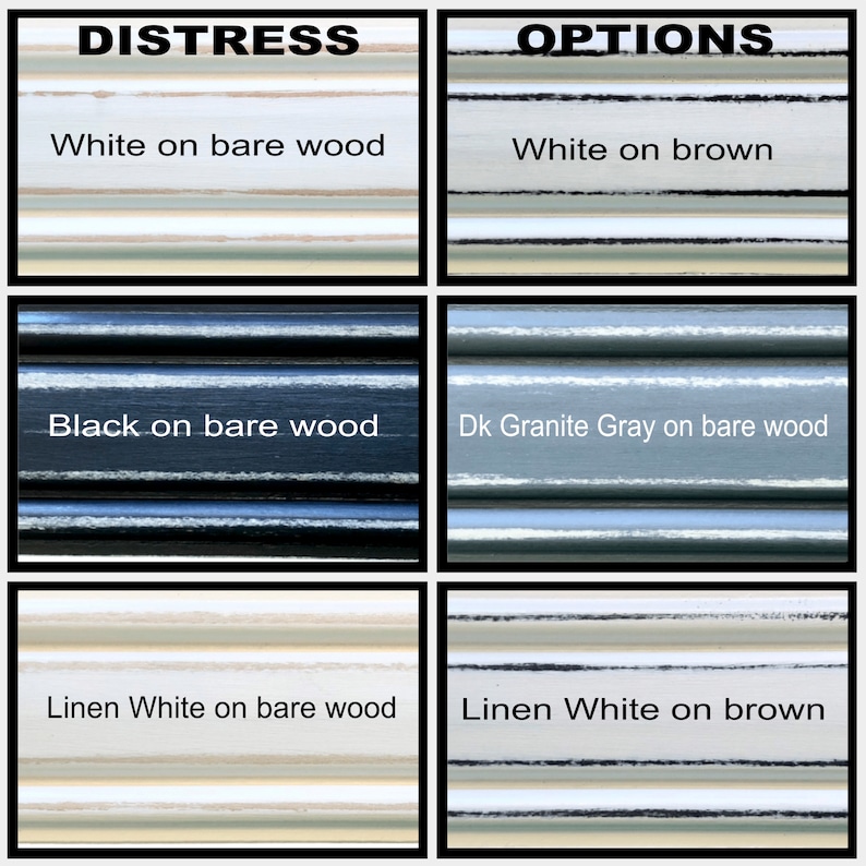 Puede incluir: Una gu&iacute;a visual para el envejecimiento de la madera con diferentes colores de pintura. Las opciones incluyen blanco sobre madera natural, blanco sobre marr&oacute;n, negro sobre madera natural, gris granito oscuro sobre madera natural, blanco lino sobre madera natural y blanco lino sobre marr&oacute;n.