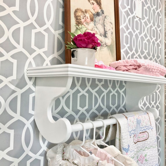 Nursery shelf | Hanging rod shelf | Baby clothes rack | Kids clothes rack | Gift for new mom | Hanging clothes shelf | White nursery shelf