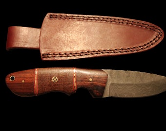 8.5” Micarta & Wood handle Skinner Knife with Damascus Steel blade, brass rosette, pins, inlay, lanyard hole with top grain leather sheath