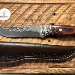 10.2" Rough-hammered hunting Knife with layered wood handle, engraved bolster drop point stainless steel pins full tang 9.2" leather sheath