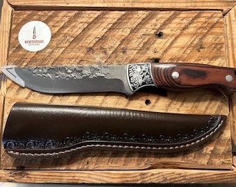 10.2" Rough-hammered hunting Knife with layered wood handle, engraved bolster drop point stainless steel pins full tang 9.2" leather sheath