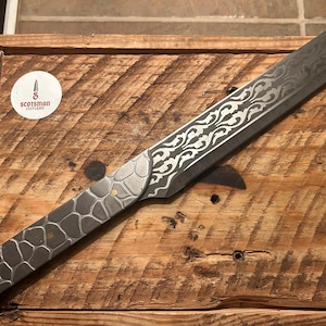 13” Stainless steel Straight Knife w/ V grind blade laser-etched decorative blade snake pattern handle lanyard & hole faux leather scabbard