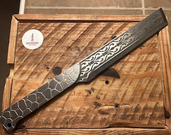 13” Stainless steel Straight Knife w/ V grind blade laser-etched decorative blade snake pattern handle lanyard & hole faux leather scabbard