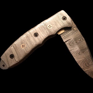 Sale - 8” Liner lock Pocketknife with Damascus Steel blade and Damascus Steel handle lanyard hole brass filework and rosettes leather sheath