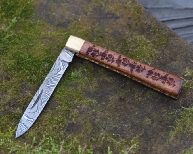 Handmade Wood Doctor's Folding Pocket Knife With Damascus Blade and