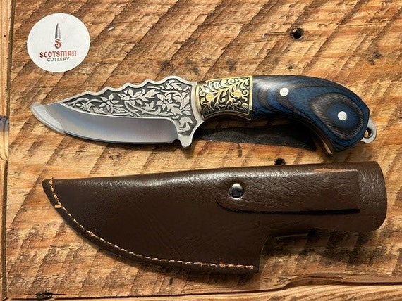 Engraved Fixed Blade Hunting knife with blade engraving, brass bolster engraving, blue layered word handle, leather sheath, lanyard hole